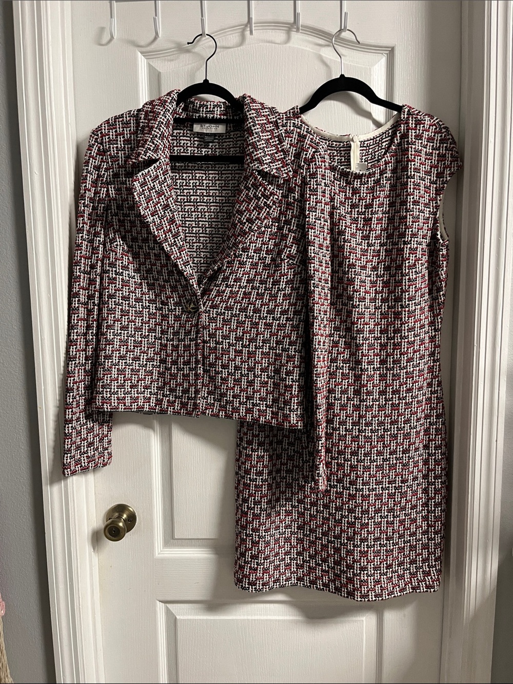 St. John Collection Burgundy and White Tweed Jacket & Sleeveless Dress Set